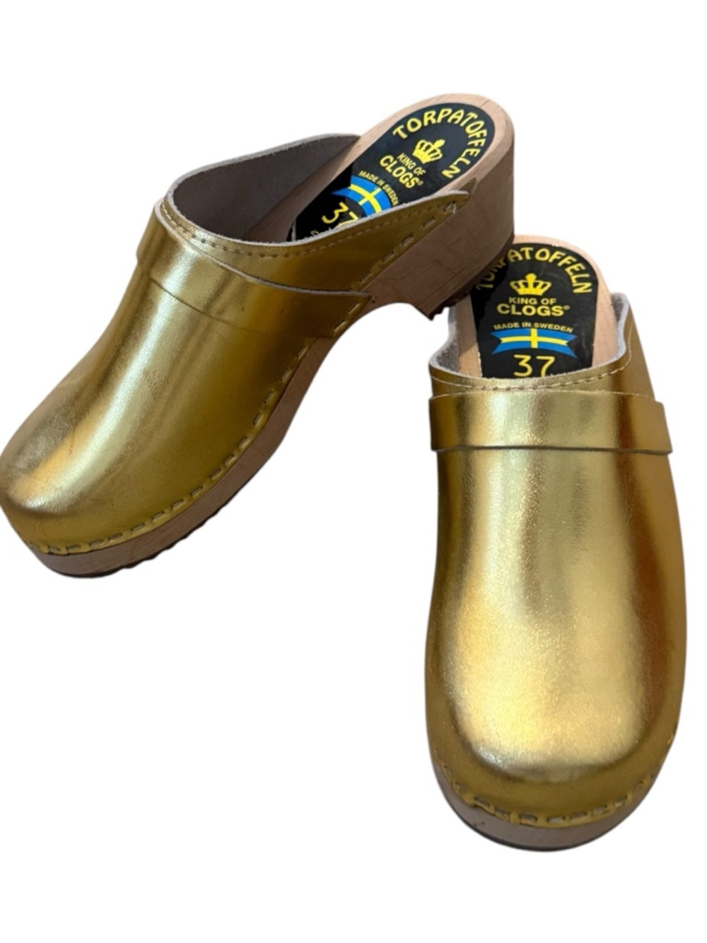 Torpatoffeln Swedish Gold Metallic Leather Slip-On Clogs. EU 37.